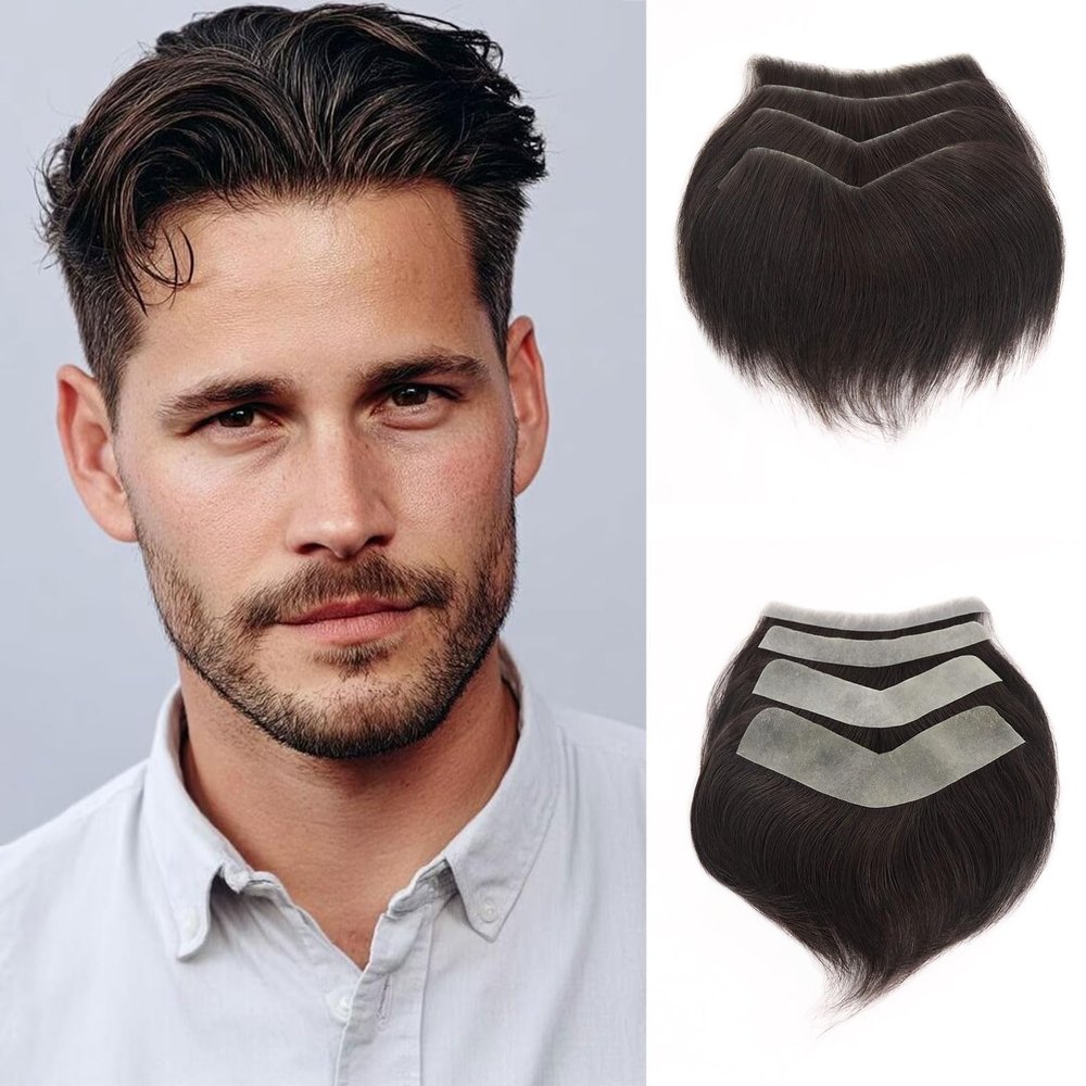 0.06mm Full PU Frontal Hairpiece For Men Toupee Natural Hairline Forehead Hair Piece Patch Invisible Seamless Ultra Thin Skin PU Human Hair Toppers Replacement Black/Brown Color (#2, 4x18inch)