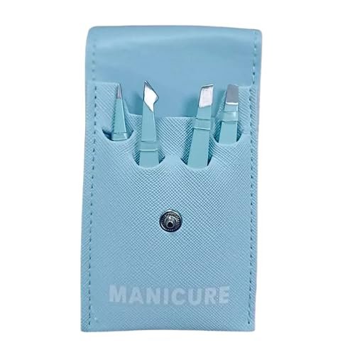 Professional Manicure Tool Set, 4-Piece Stainless Steel Eyebrow Tweezers with Blue Storage Case