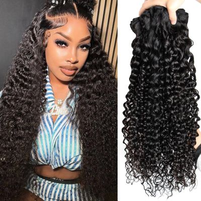 100% Virgin Human Hair Water Wave Bundles 16 18 20 22 12A Brazilian Curly, Unprocessed Remy Natural Black Wet and Wavy Extensions