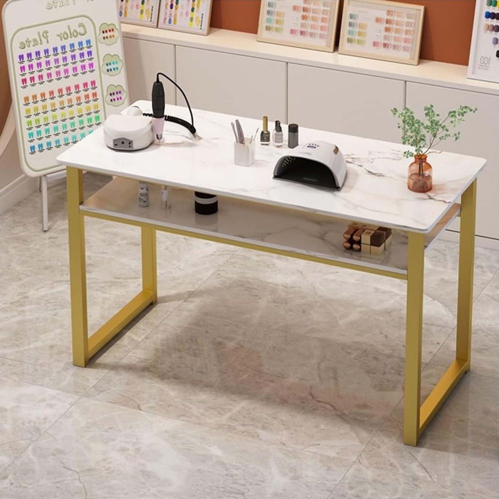 CxlQuarxian Manicure Table for Nail Tech, Marble Finish Nail Desk with Gold Frame, Spacious Workstation for Home, Office Beauty Salon, Spa, Use(31.4in)