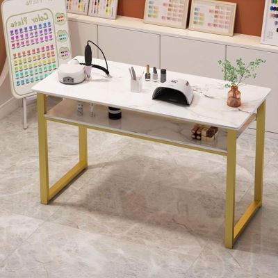 CxlQuarxian Manicure Table for Nail Tech, Marble Finish Nail Desk with Gold Frame, Spacious Workstation for Home, Office Beauty Salon, Spa, Use(47.2in)