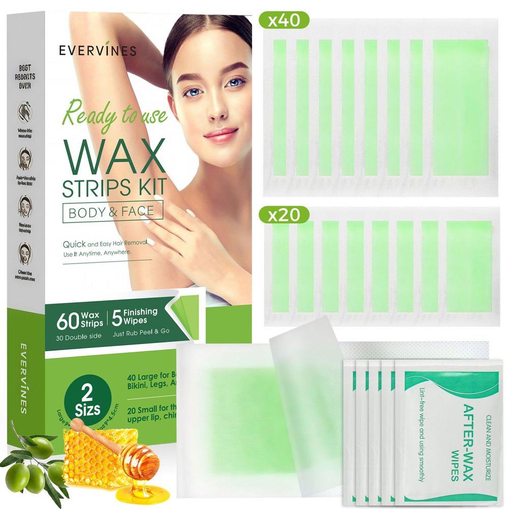 Evervines Body Wax Strips for Hair Removal: 60 Strips (40 Large, 20 Small) & 5 Oil Wipes  Gentle & Fast for Body & Face  Ideal for women& Men Home & Travel