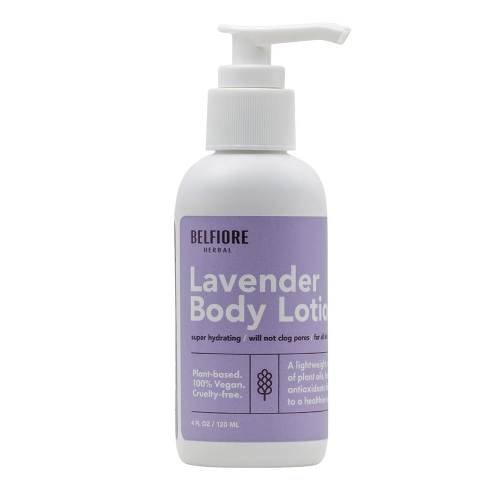 Belfiore Herbal 100% Natural Lavender Body Lotion | Organic Plant Extracts | Calming, Hydrating & Moisturizing | Vegan, Non-GMO | Made in The USA | 4 oz