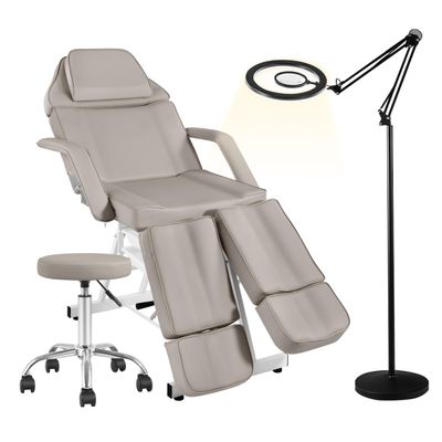 V VDLONSY Tattoo Chair with Stool, Facial Bed with 10X Magnifying Floor Lamp Esthetician Light Facial Chair Adjustable Legs Foldable Spa Bed for Client for Beauty Capacity 330lbs Gray