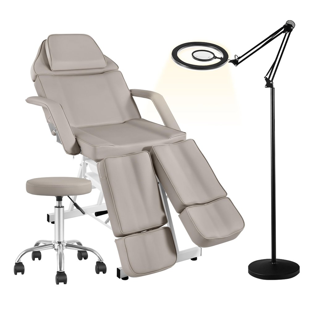 V VDLONSY Tattoo Chair with Stool, Facial Bed with 10X Magnifying Floor Lamp Esthetician Light Facial Chair Adjustable Legs Foldable Spa Bed for Client for Beauty Capacity 330lbs Gray