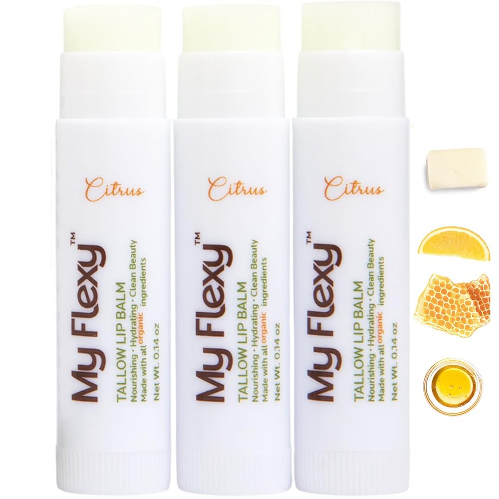 100% Organic Lip Balm Hydrating, Grass-Fed Beef Tallow Lip Balm, Made with Pasture Raised Tallow, Honey, Beeswax, & Orange Essential Oil, Lip Balms & Moisturizers - Bulk Pack of 3