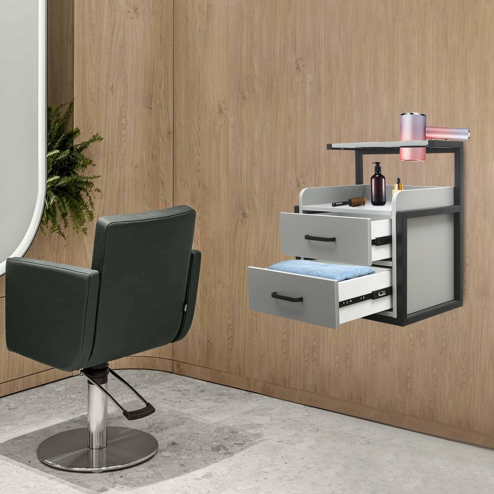 Wall Mount Salon Station, Floating Salon Wall Storage Cabinet, Beauty Barber Stations with 2 Storage Drawers & Hair Dryer Stand, Hair Cutting Station for Stylist Beauty Shops Home (Black+Grey)
