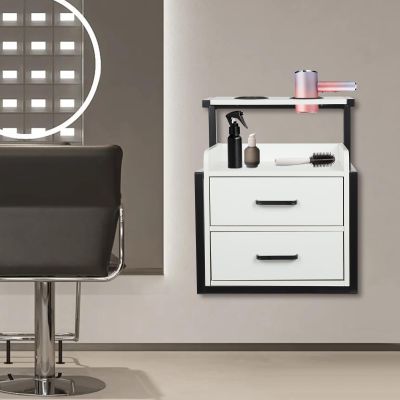 Wall Mount Salon Station, Floating Salon Wall Storage Cabinet, Beauty Barber Stations with 2 Storage Drawers & Hair Dryer Stand, Hair Cutting Station for Stylist Beauty Shops Home (Black+White)