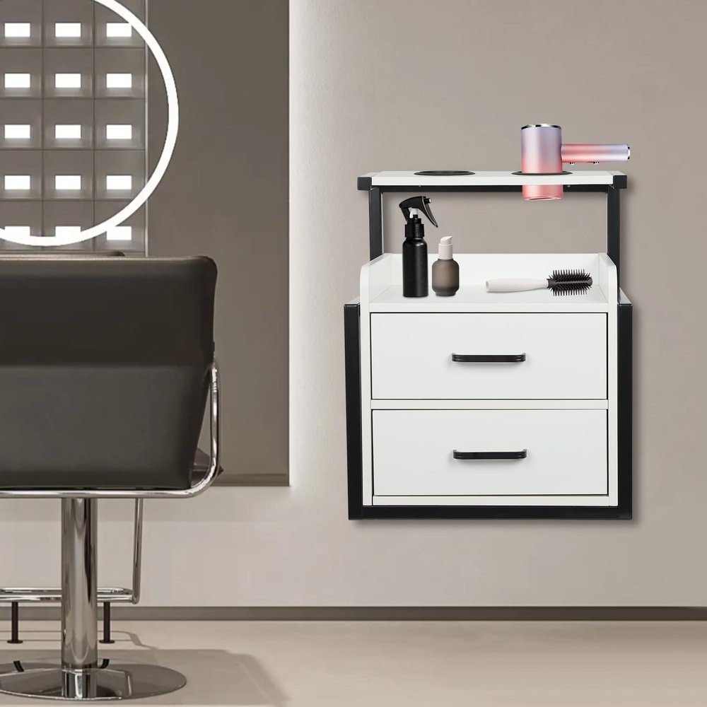 Wall Mount Salon Station, Floating Salon Wall Storage Cabinet, Beauty Barber Stations with 2 Storage Drawers & Hair Dryer Stand, Hair Cutting Station for Stylist Beauty Shops Home (Black+White)