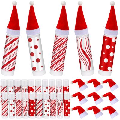 25 Sets Christmas Lip Balm Gifts Bulk with Mini Santa Hats Peppermint Christmas Party Favor for Women Candy Cane Stocking Stuffer Gifts for Guest Cute Xmas Decoration Party Supplies for Employee Staff