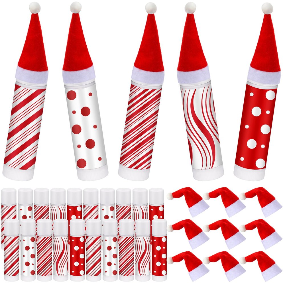 25 Sets Christmas Lip Balm Gifts Bulk with Mini Santa Hats Peppermint Christmas Party Favor for Women Candy Cane Stocking Stuffer Gifts for Guest Cute Xmas Decoration Party Supplies for Employee Staff