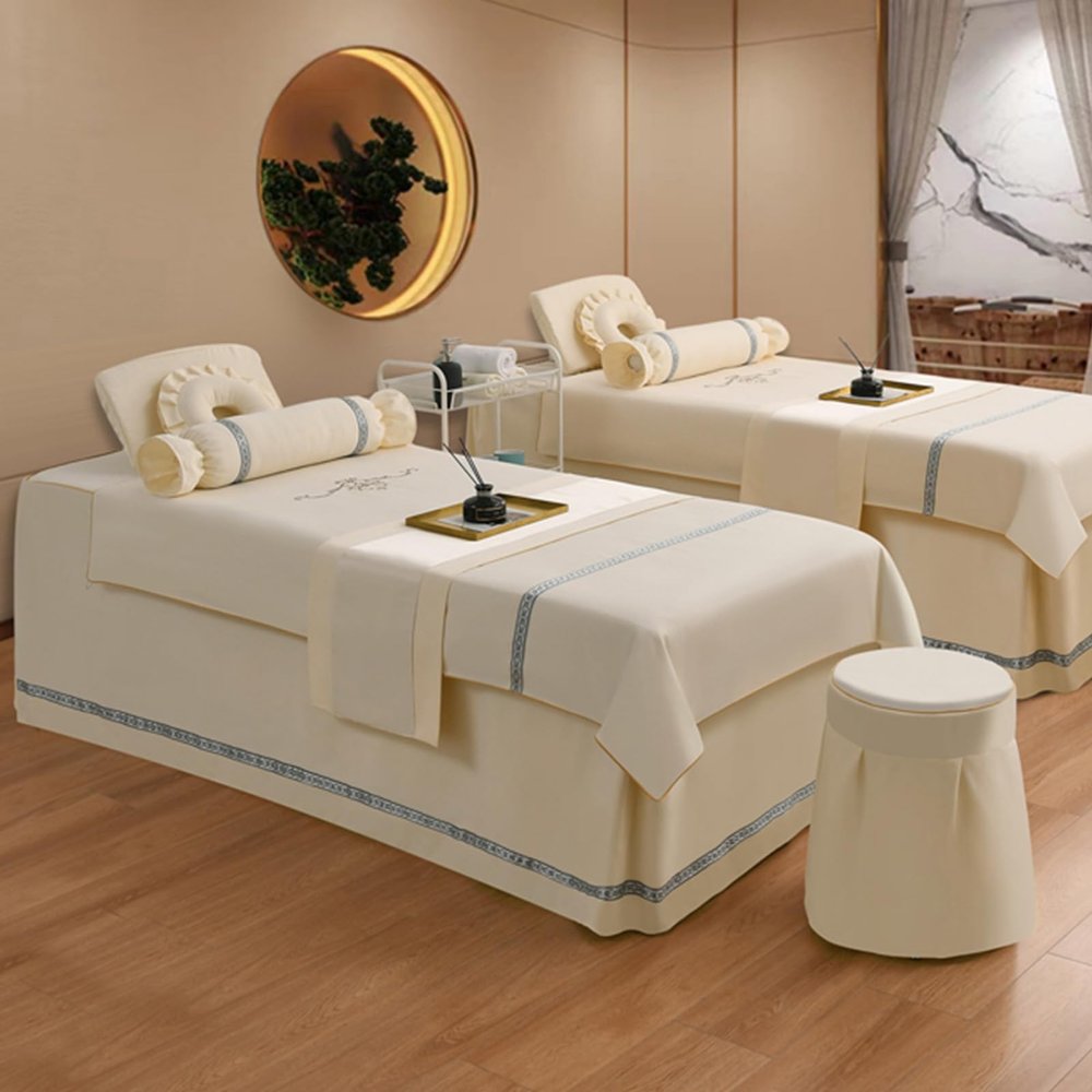 Beige,80x190cm/31.4x74.8in,4 Piece Set Beauty Massage Bed Cover with Holes,Elastic Massage Table Cover Washable Pillowcase Salon SPA Massage Bed Sheets Stool Cover Quilts