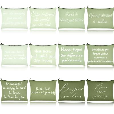 12 PCS Pink Inspirational Canvas Makeup Bags Bulk Makeup Bags for Women Inspirational Quotes Cosmetics Bags with Zipper Gift for Valentine's Day Christmas Graduation (Green)