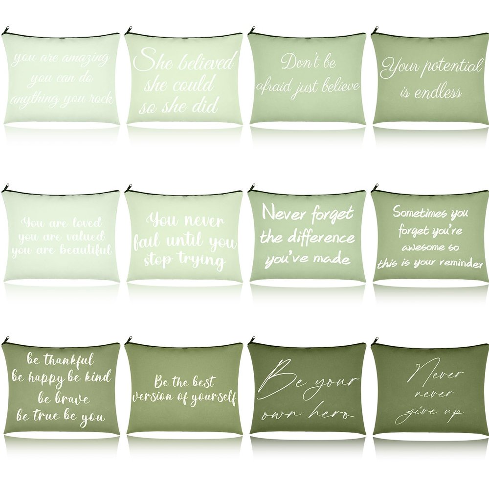 12 PCS Pink Inspirational Canvas Makeup Bags Bulk Makeup Bags for Women Inspirational Quotes Cosmetics Bags with Zipper Gift for Valentine's Day Christmas Graduation (Green)