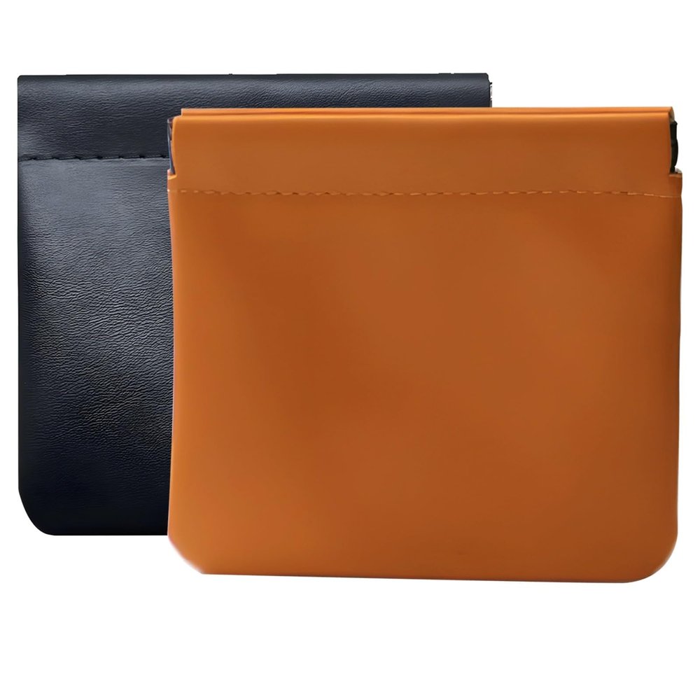 2 Pack Small Pu Pouches for Purse, Waterproof Snap-Closure Makeup Bags, Black and Caramel, Compact Organizers