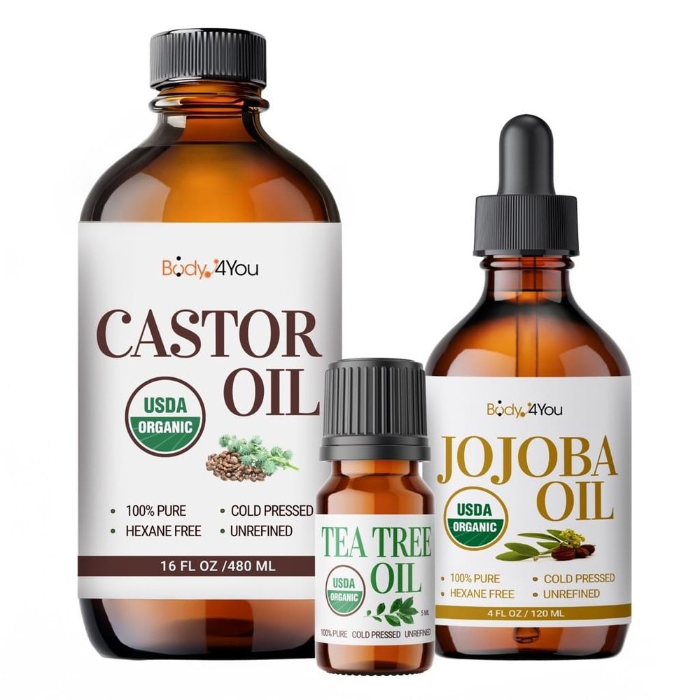 BodyJ4You Organic Oil Trio 100% Pure USDA Natural Tea Tree Jojoba Castor Oils for Skin Hair Scalp Face Eyebrow Eyelash Care Undiluted Non-GMO Cold Pressed Aromatherapy Beauty Essentials