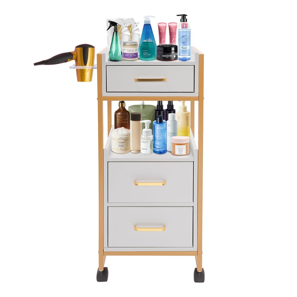 Beauty Salon Storage Cart with Wheels, Hair Stylist Station with 1 Hair Dryer Holders & 3 Drawers Mobile Makeup Case, SPA Utility Trolley for Hair Salons, Cosmetic Studios, Spas