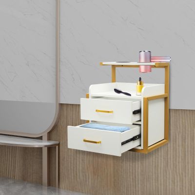 Wall Mount Salon Station, Floating Salon Wall Storage Cabinet, Beauty Barber Stations with 2 Storage Drawers & Hair Dryer Stand, Hair Cutting Station for Stylist Beauty Shops Home (Gold+White)