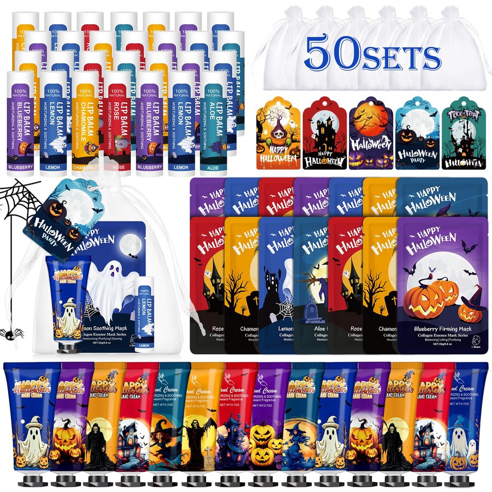 50 Pack Halloween Hand Cream, Facial Mask and Lip Balm Set, Bulk Halloween Gifts for Women, Halloween Decorations, Halloween Party Favors, Halloween Basket Stuffers and Halloween Skincare