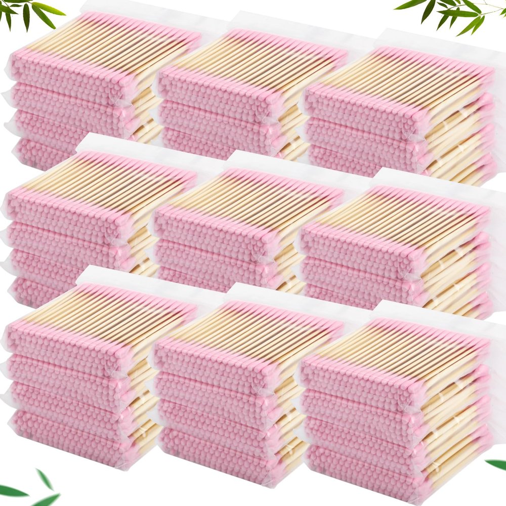 Heigble 5000 Count Bamboo Cotton Swabs Double Buds Organic Cotton Swabs with Tips for Ears Sterile Tipped Applicator Makeup Swab Daily Makeup Eye Cleaning(Round,Pink)