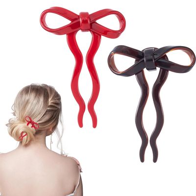 2 Pcs Vintage Bow French Hair Pin, Cute Bowknot Hairpin Hair Clips for Styling, Bow Hair Pins for Women U Shaped Updo Hair Pins for Long Thick Hair, Wavy Hair Accessories(Brown+Red)