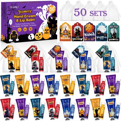 50 Pack Halloween Hand Cream and Lip Balm Set, Bulk Halloween Gifts with Halloween Cards and Organza Bag, Halloween Decorations and Halloween Party Favors Goodies for Women