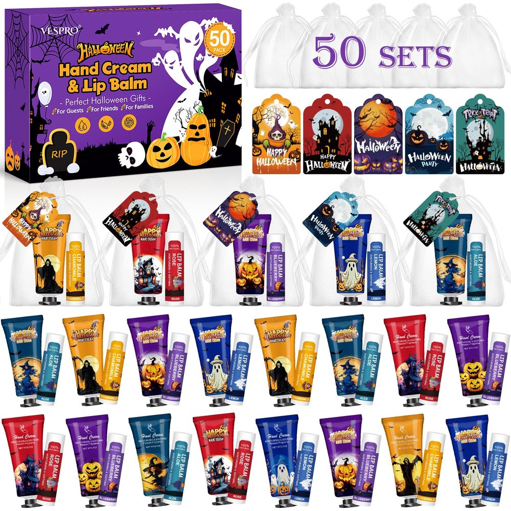 50 Pack Halloween Hand Cream and Lip Balm Set, Bulk Halloween Gifts with Halloween Cards and Organza Bag, Halloween Decorations and Halloween Party Favors Goodies for Women