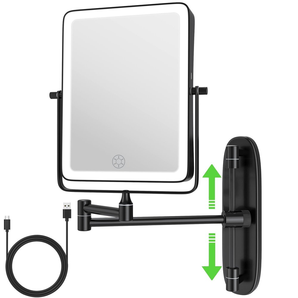 Wall Mounted Lighted Makeup Mirror, Rectangle Double Sided 1X/7X Magnifying Bathroom Height Adjustable Mirror, Rechargeable 3 Color and Dimmable Lights, Extended Arm 360 Rotation Shaving Vanity Mirror