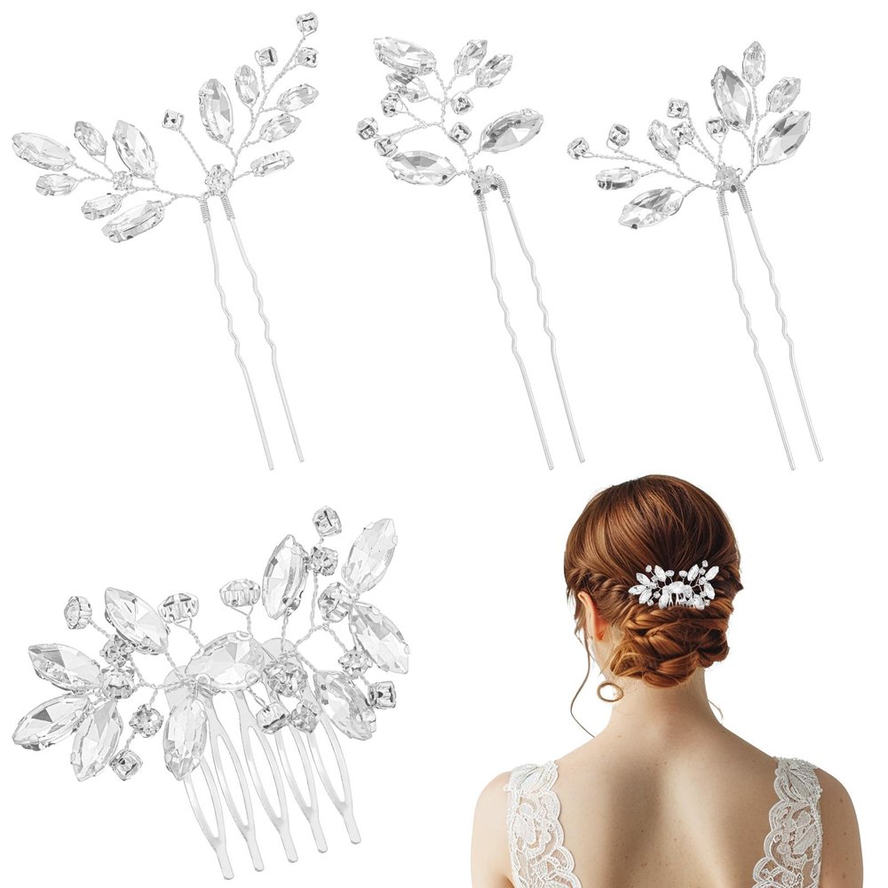 4 PCS Fashion Haircomb Rhinestone Silver Bridal Side Comb Crystal Rhinestone Flower Hair Vines Hairs Accessories for Women Girls (Silver Hairs Comb 1PC + Crystal Hair Pins 3PCS)