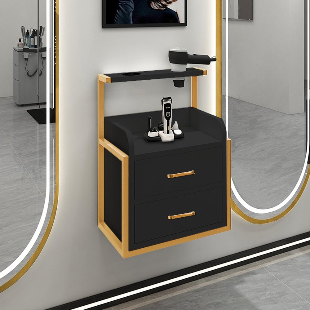 YHHLWXMDZ Salon Station, Suspended Salon Wall Cabinet, with 2 Hair Dryer Holders, for Barber Shops(Black,Gold Frame)