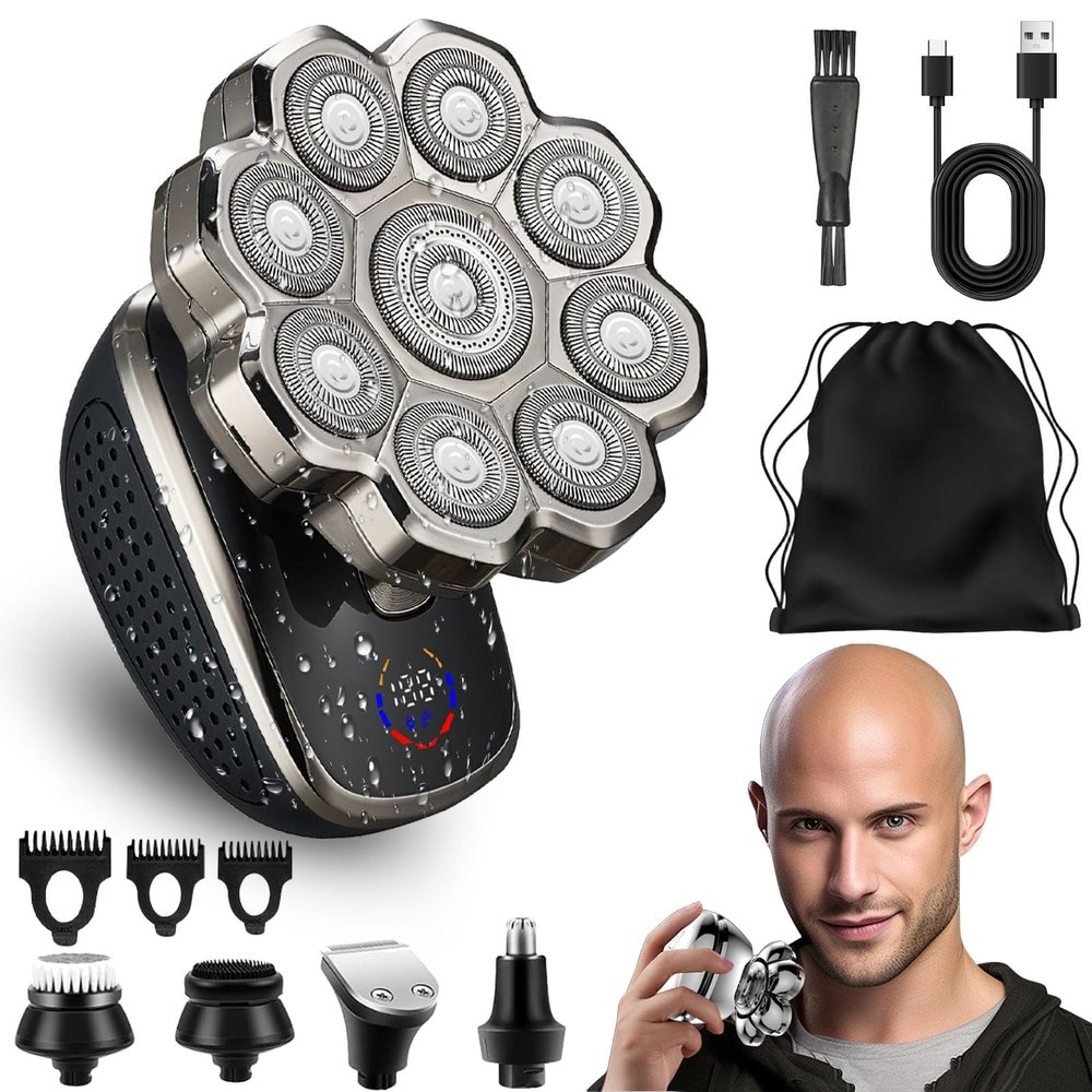 9.0 Shaver, Head Shavers for Bald Men, 6-in-1 Electric Razor - Led Display Rechargeable Head Shaving Kit with USB-C Fast Charge, IPX7 Waterproof (Set-B-9 Blades)