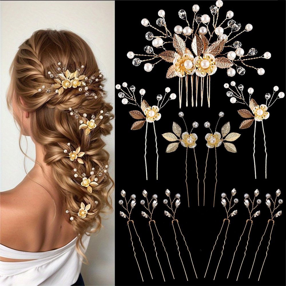11 Pieces Gold Leaf Hair Comb and Gold Hairs Pins, Bridal Hair Accessories Wedding Hair Clip for Brides, Handmade Rhinestone Wedding Head Pieces for Women and Bridesmaids Flower Girls
