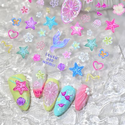 5D Embossed Ocean Life Nail Art Stickers Decals Self Adhesive Seashell Starfish Nail Decals Sea Colorful Designs Summer Nail Stickers Mermaid Manicure Sliders for Women DIY Nail Art Decorations