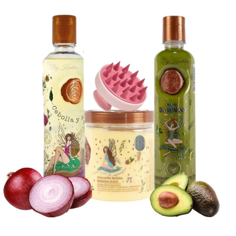 Kit Capilar Origen Botnico Masajeador capilar + Shampoo de Cebolla + Acondicionador de Aguacate + Bomba Capilar Fortalece, Nutre y Estimula 4 Piezas