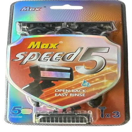 Max Speed 5 Stainless Steel Razors Blades, A Series for Men Shaving, with Lubricated Strip and Ergonimic Handle for Superior Handling Control, 3 Pack.