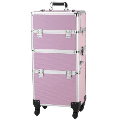 3-in-1 Rolling Makeup Train Case, Aluminum Cosmetic Case Trolley Tattoo Box, Multi-functional Professional Makeup Travel Organizer with Handle and 360 Swivel Wheels for Salons Hairstylists, Pink
