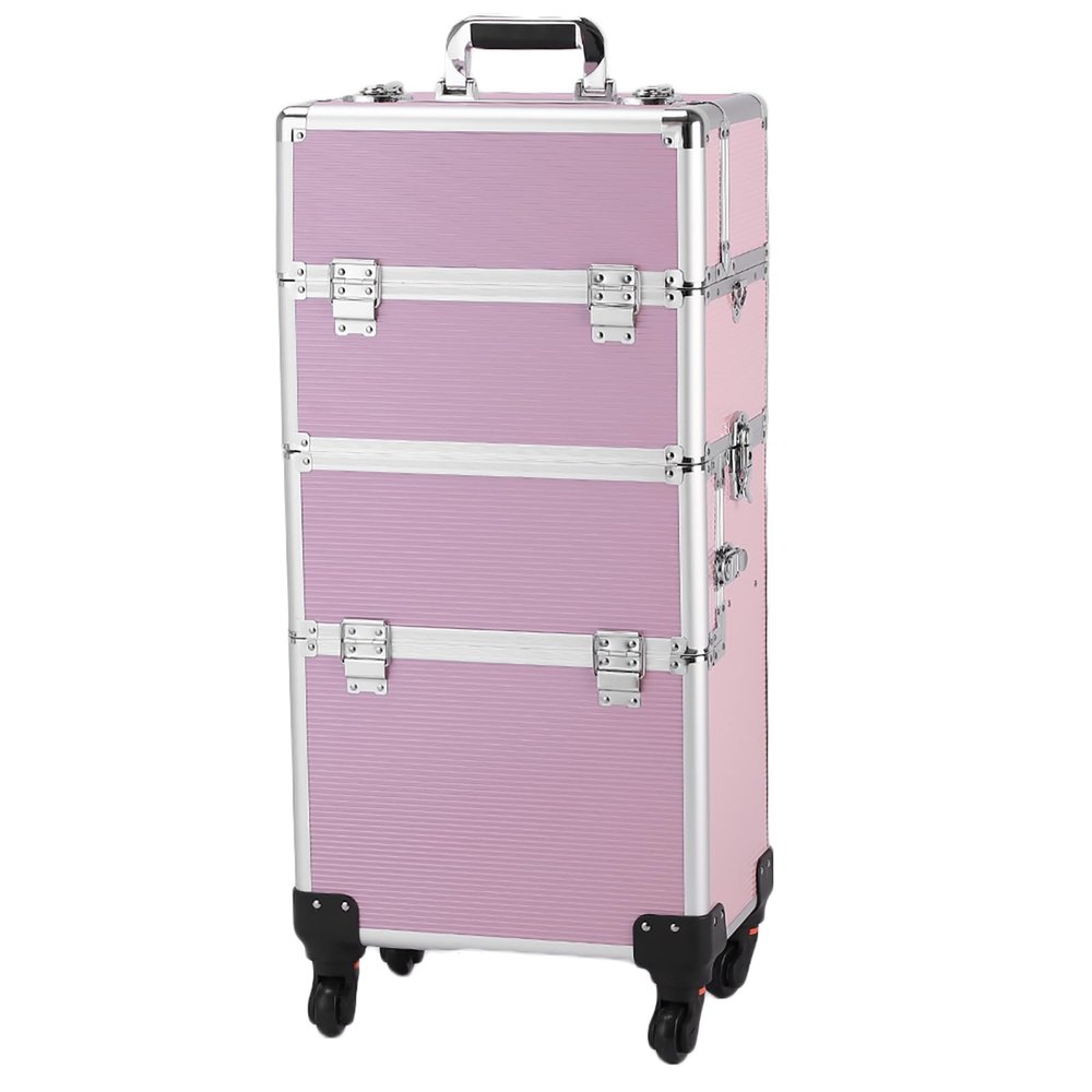 3-in-1 Rolling Makeup Train Case, Aluminum Cosmetic Case Trolley Tattoo Box, Multi-functional Professional Makeup Travel Organizer with Handle and 360 Swivel Wheels for Salons Hairstylists, Pink