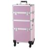 3-in-1 Rolling Makeup Train Case, Aluminum Cosmetic Case Trolley Tattoo Box, Multi-functional Professional Makeup Travel Organizer with Handle and 360 Swivel Wheels for Salons Hairstylists, Pink view 1