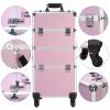 3-in-1 Rolling Makeup Train Case, Aluminum Cosmetic Case Trolley Tattoo Box, Multi-functional Professional Makeup Travel Organizer with Handle and 360 Swivel Wheels for Salons Hairstylists, Pink view 2