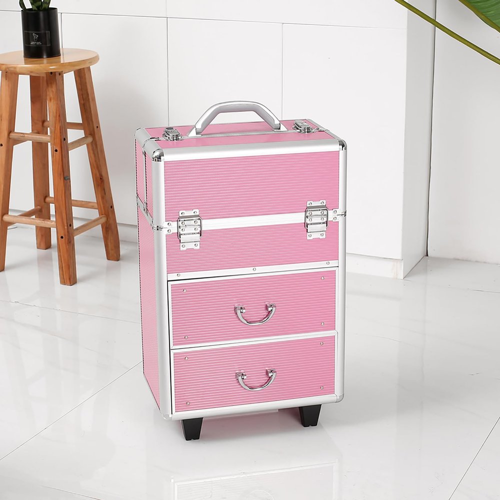 4 Tier Lockable Makeup Train Case, Multi-functional Cosmetic Case Trolley Tattoo Box with Handle and Extendable Trays, Professional Makeup Travel Organizer for Salons Hairstylists Nail Tech, Pink