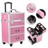 4 Tier Lockable Makeup Train Case, Multi-functional Cosmetic Case Trolley Tattoo Box with Handle and Extendable Trays, Professional Makeup Travel Organizer for Salons Hairstylists Nail Tech, Pink view 2