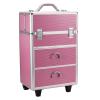 4 Tier Lockable Makeup Train Case, Multi-functional Cosmetic Case Trolley Tattoo Box with Handle and Extendable Trays, Professional Makeup Travel Organizer for Salons Hairstylists Nail Tech, Pink view 3