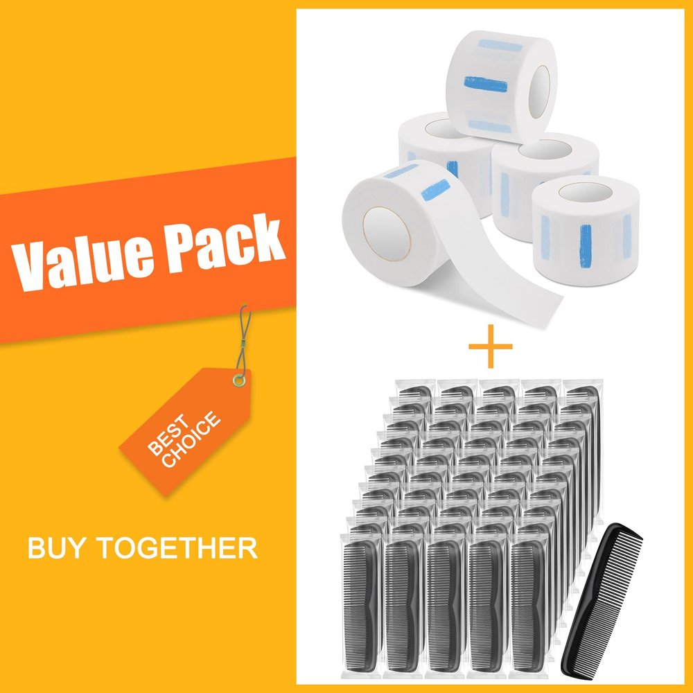 NICEMOVIC 5 Rolls Disposable Barber Paper Neck Strips and 50 Pack Pocket Combs Bulk Set