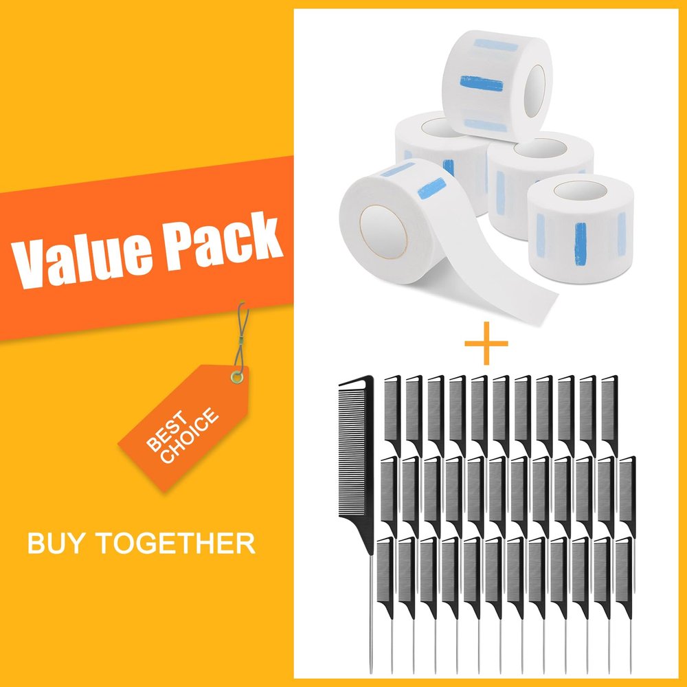 NICEMOVIC 5 Rolls Disposable Barber Paper Neck Strips and 36 Pack Rat Tail Parting Combs