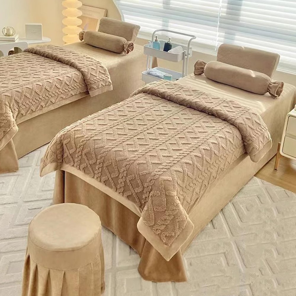 Brown,75x190cm/29.5x74.8in,Reusable Massage Bed Cover Fleece with Holes Elastic Solid Color Massage Table Sheets Washable Pillowcase Stool Cover Quilt Bed Cover 4 Pieces Set
