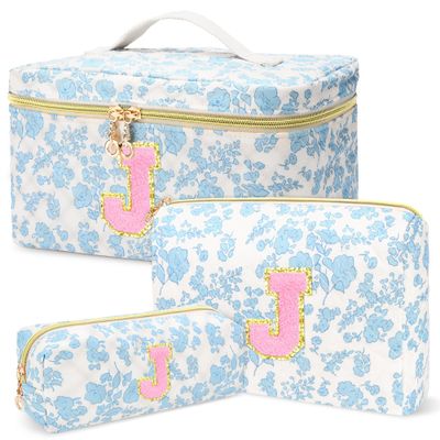 3 PCS Travel Makeup Bag Set, AZ Initials Cotton Quilted Cosmetic Bag for Women & Preppy, Personalized Toiletry Bag Travel Accessories Makeup Brushes Organizer, Valentines Day & Birthday Gift for Her