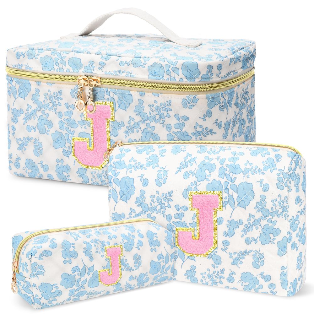 3 PCS Travel Makeup Bag Set, AZ Initials Cotton Quilted Cosmetic Bag for Women & Preppy, Personalized Toiletry Bag Travel Accessories Makeup Brushes Organizer, Valentines Day & Birthday Gift for Her