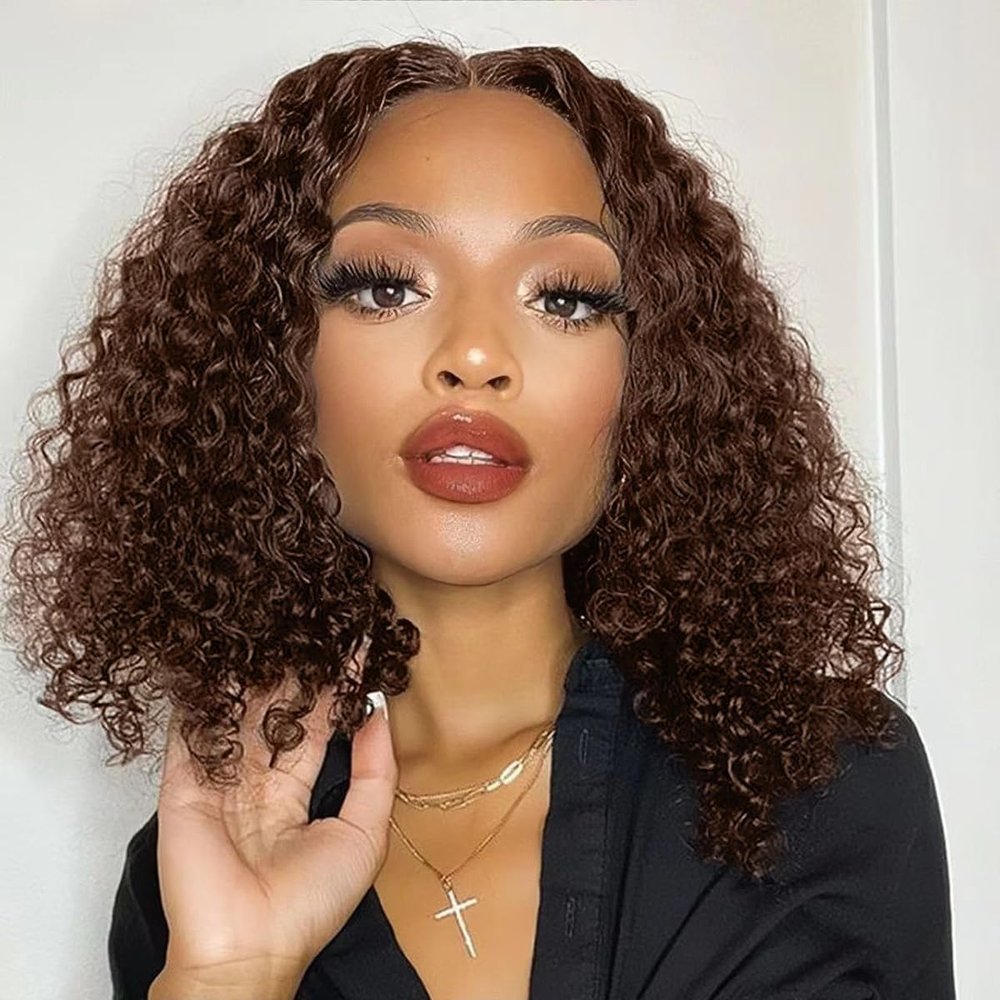 12INCH Chocolate Brown Water Wave Short Bob Wig Human Hair 200% Density Lace Front Wigs Human Hair Pre Plucked Deep Curly 13x4 Hd Lace Frontal Wig for Black Women Glueless