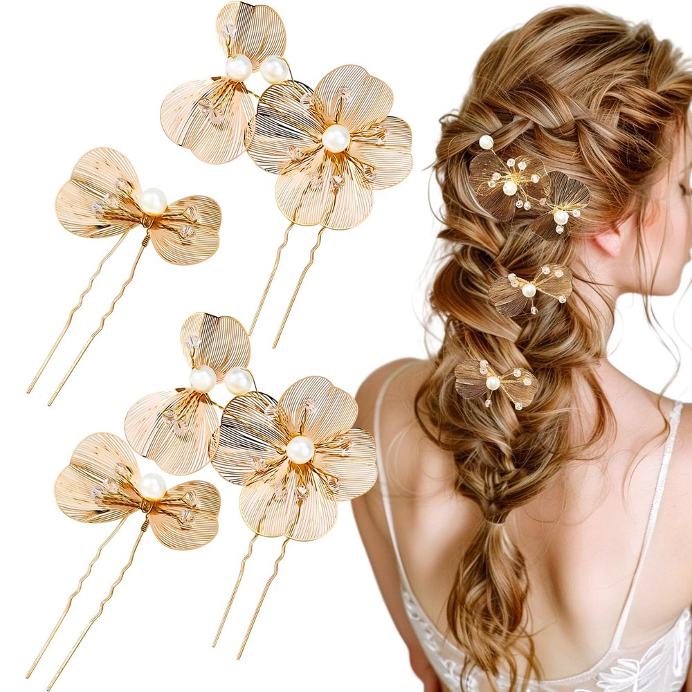 4Pcs Gold Wedding Bridal Hair Pins, Metal Flower Pearl Vintage French Hair Clips for Women Girls Accessories
