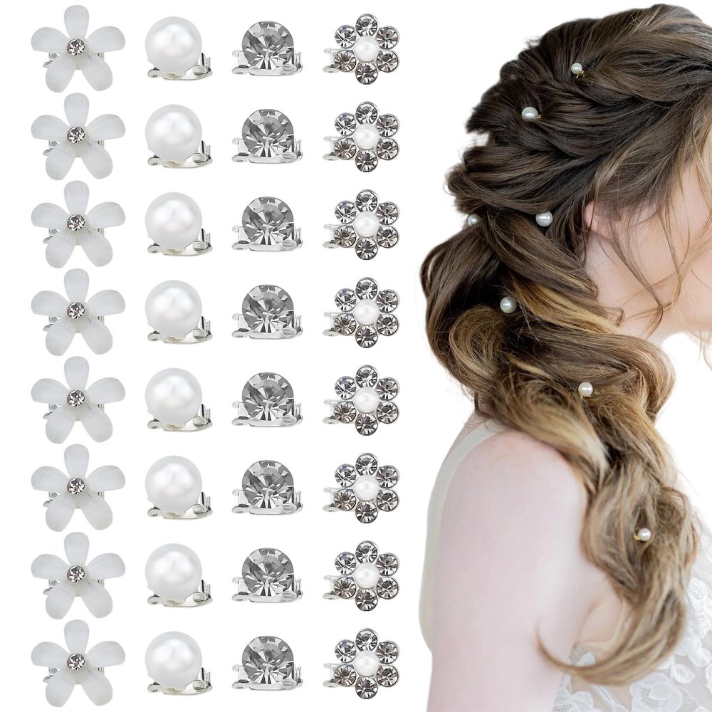 40Pcs Mini Flower Hair Clips Cute Mini Rhinestone Hair Pins Small Pearl Decorative Wedding Accessories for Women Girls